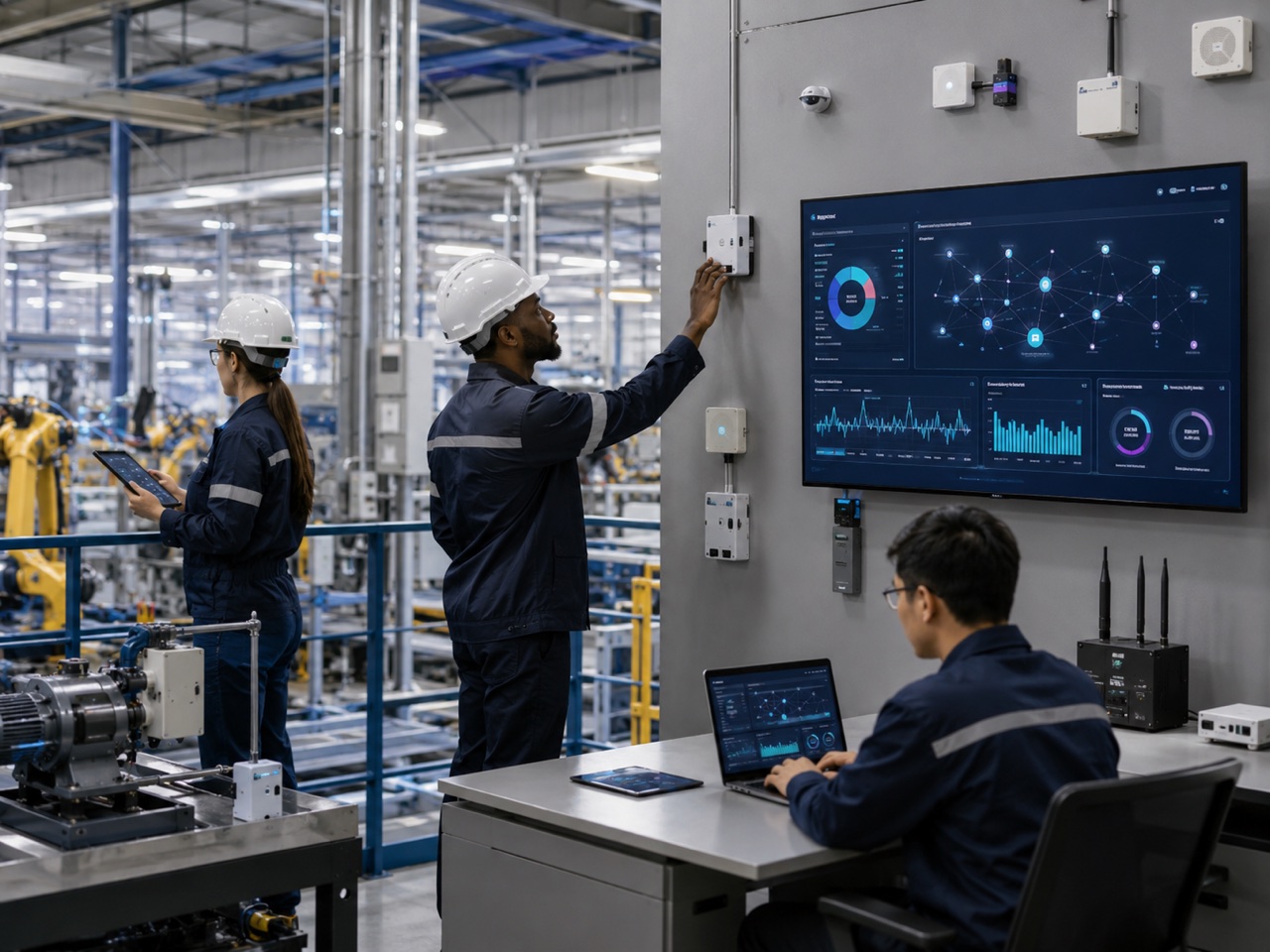 ทีมงานตรวจสอบเซนเซอร์ IoT และระบบ Monitoring ภายในโรงงาน